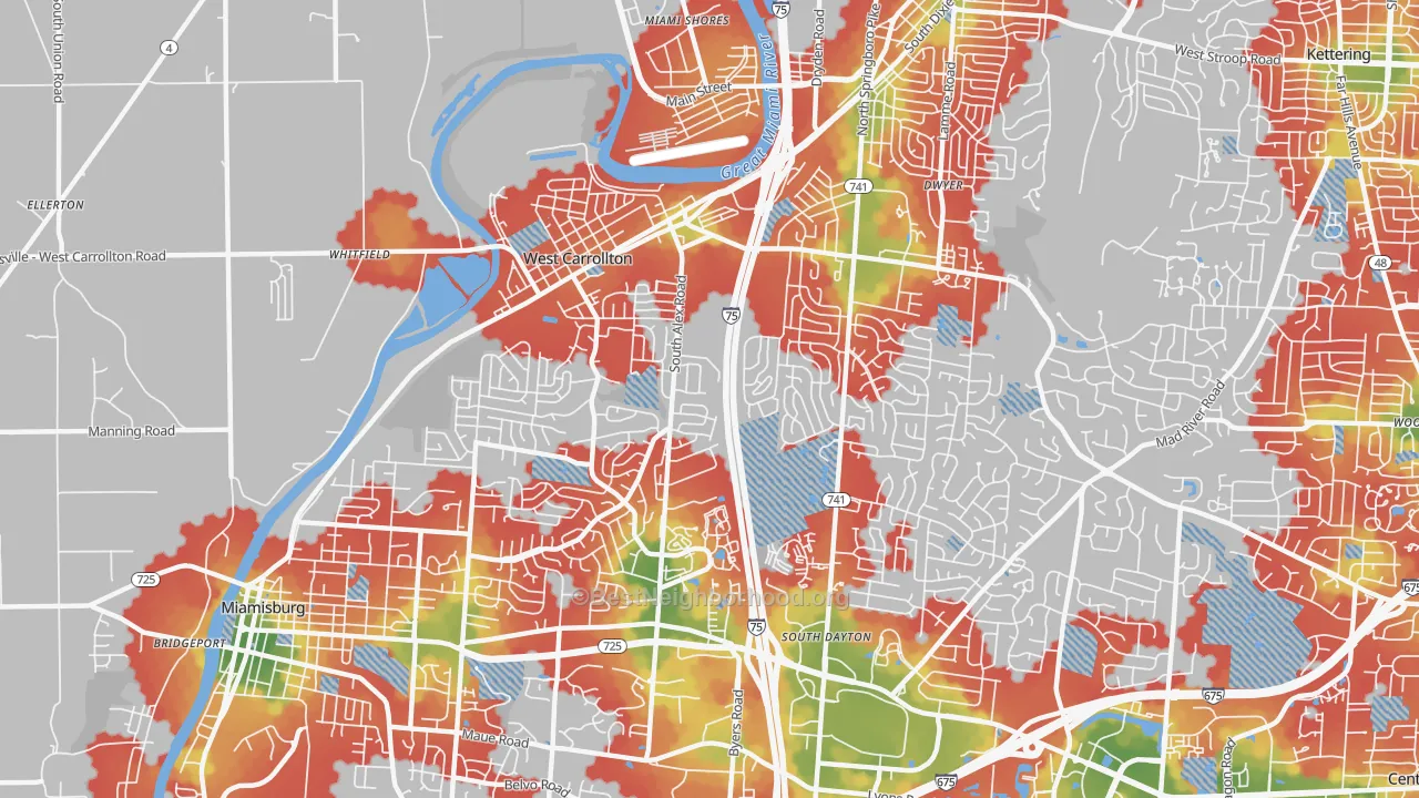 Walk Grade map of 45449, OH, walkable areas in green and car-dependent areas in red