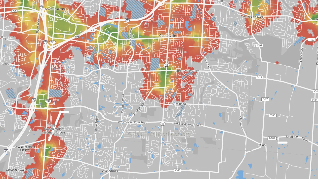 Walk Grade map of 45458, OH, walkable areas in green and car-dependent areas in red