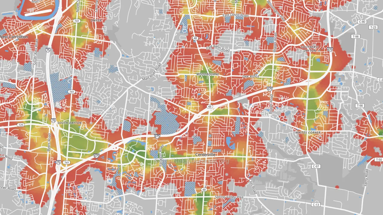 Walk Grade map of 45459, OH, walkable areas in green and car-dependent areas in red