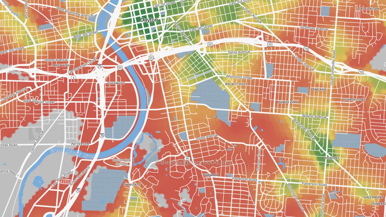 Walk Grade map of 45469, OH, walkable areas in green and car-dependent areas in red