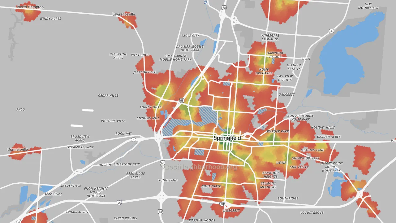 Walk Grade map of 45502, OH, walkable areas in green and car-dependent areas in red