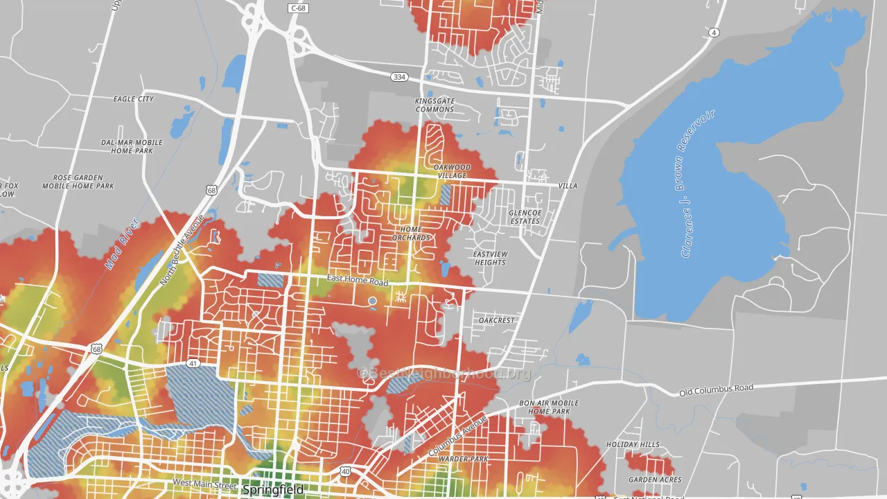 Walk Grade map of 45503, OH, walkable areas in green and car-dependent areas in red