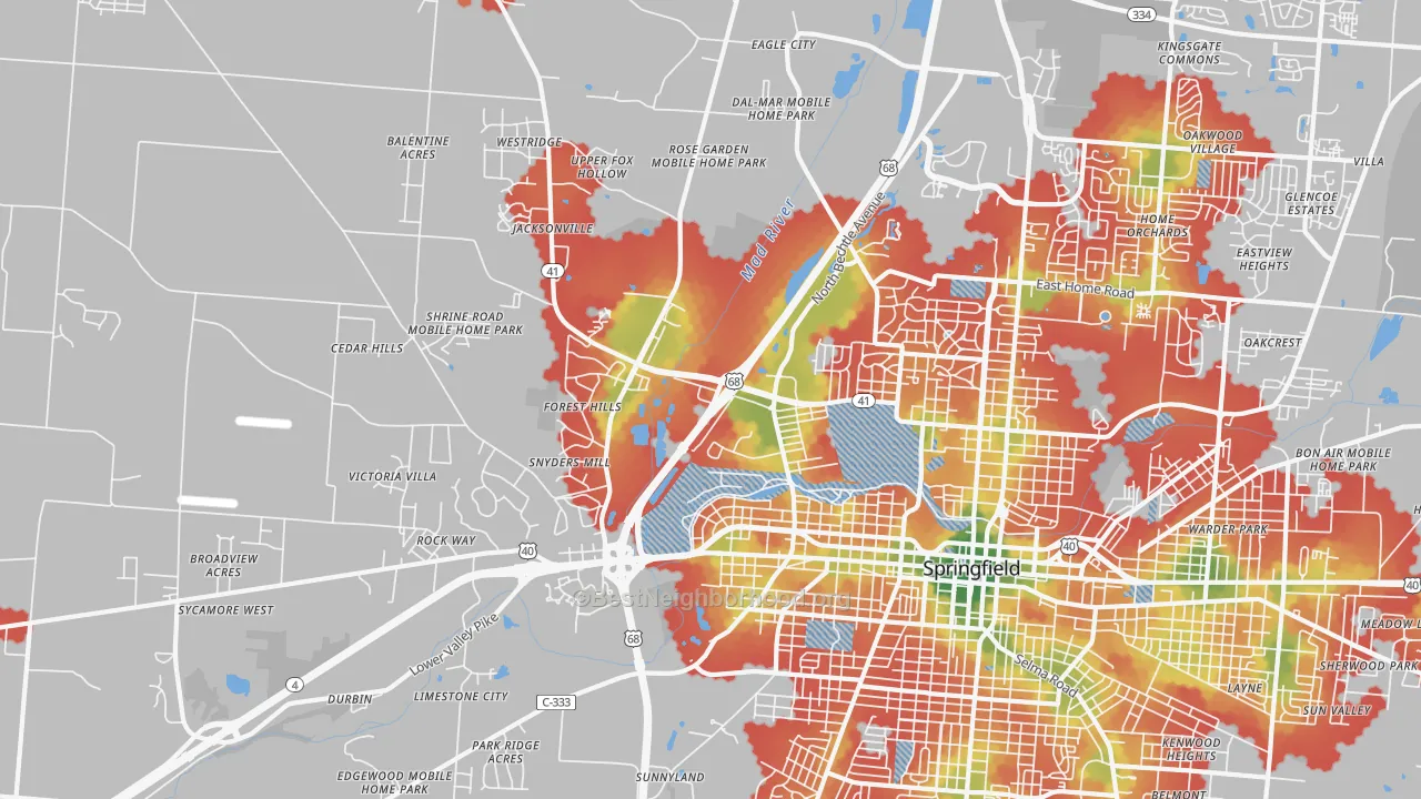 Walk Grade map of 45504, OH, walkable areas in green and car-dependent areas in red