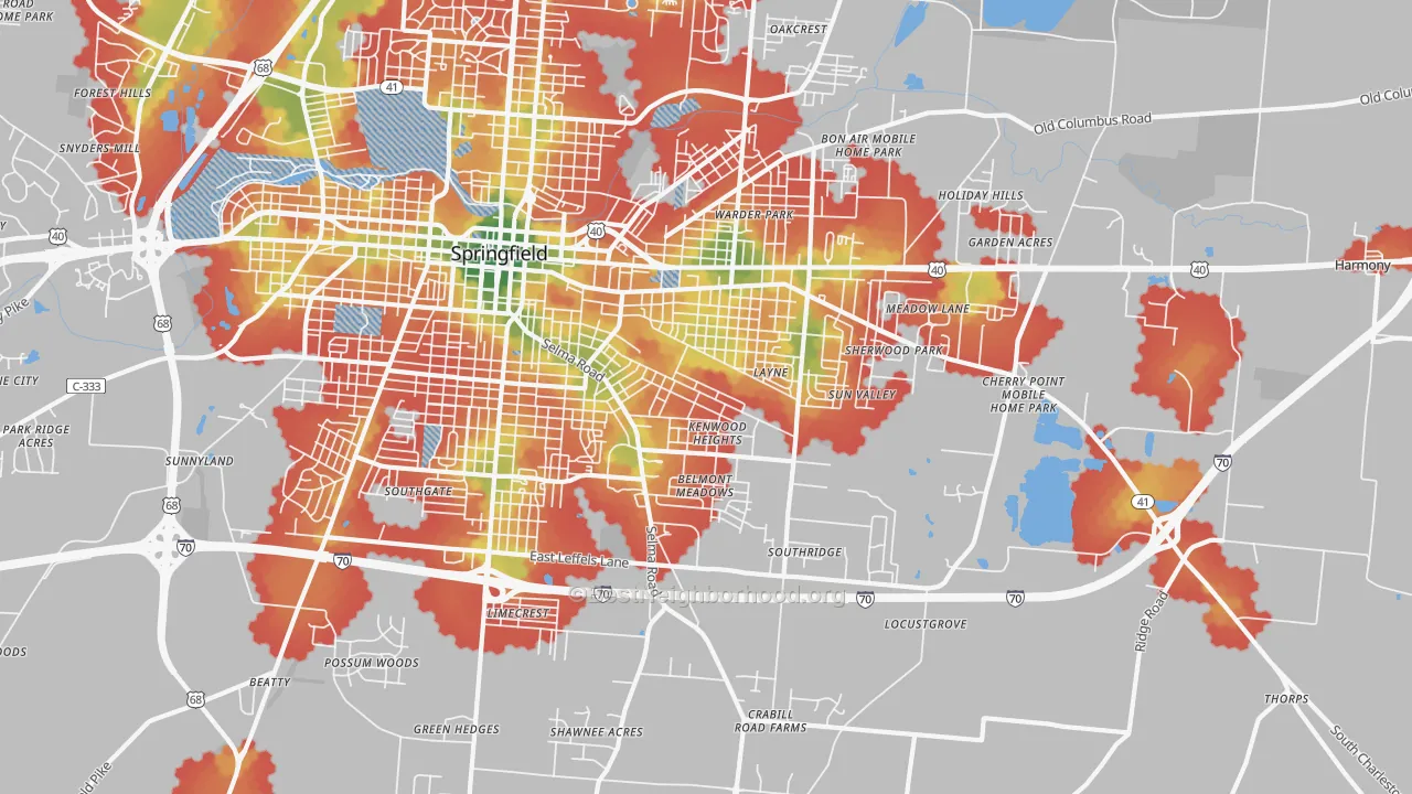Walk Grade map of 45505, OH, walkable areas in green and car-dependent areas in red