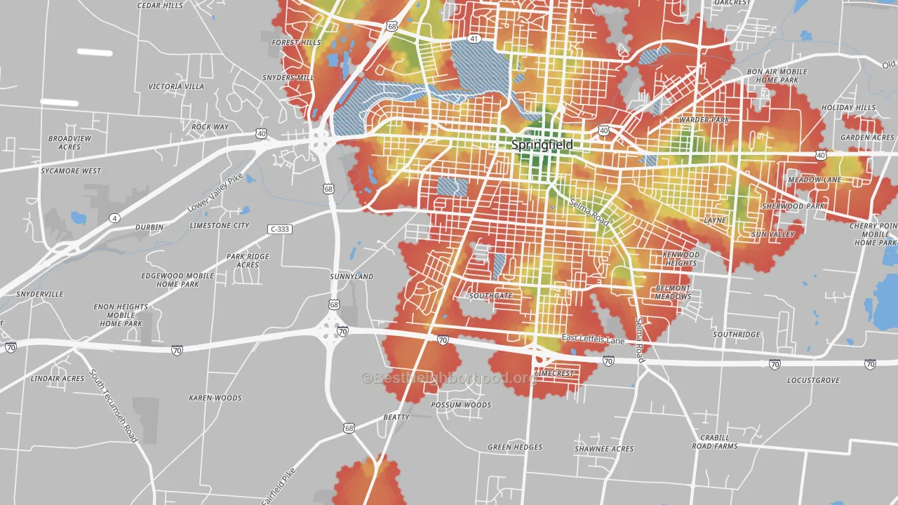 Walk Grade map of 45506, OH, walkable areas in green and car-dependent areas in red