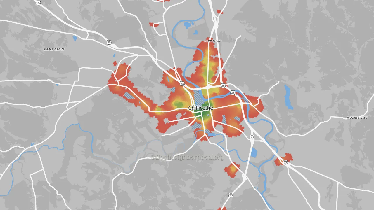 Walk Grade map of 45601, OH, walkable areas in green and car-dependent areas in red