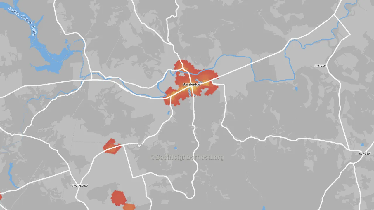 Walk Grade map of 45612, OH, walkable areas in green and car-dependent areas in red