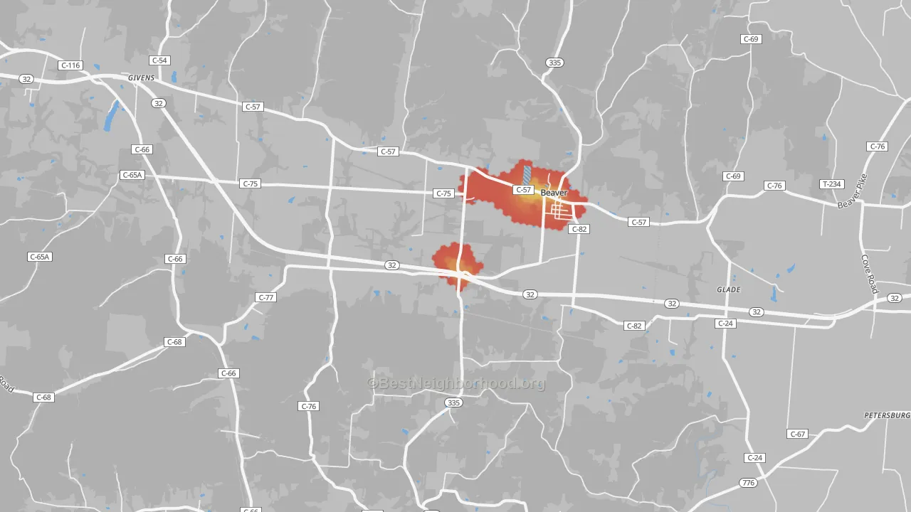 Walk Grade map of 45613, OH, walkable areas in green and car-dependent areas in red