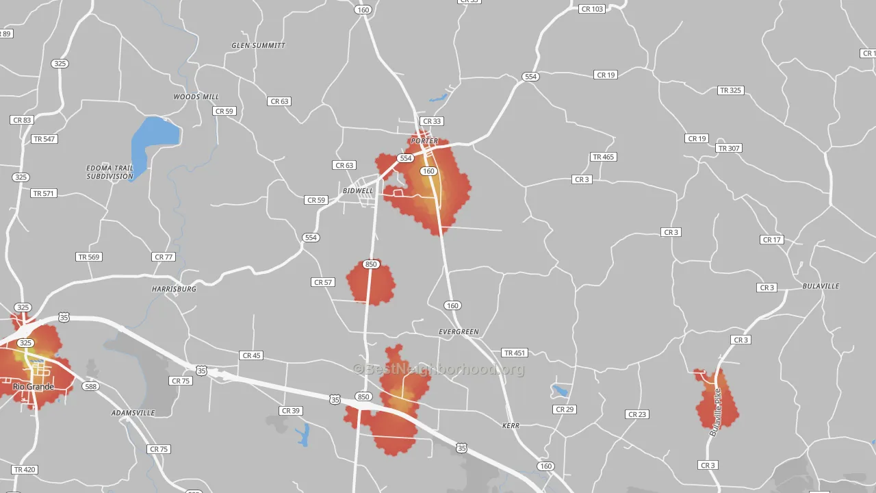 Walk Grade map of 45614, OH, walkable areas in green and car-dependent areas in red