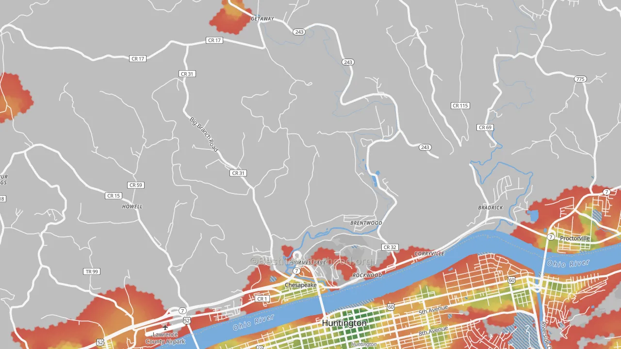 Walk Grade map of 45619, OH, walkable areas in green and car-dependent areas in red