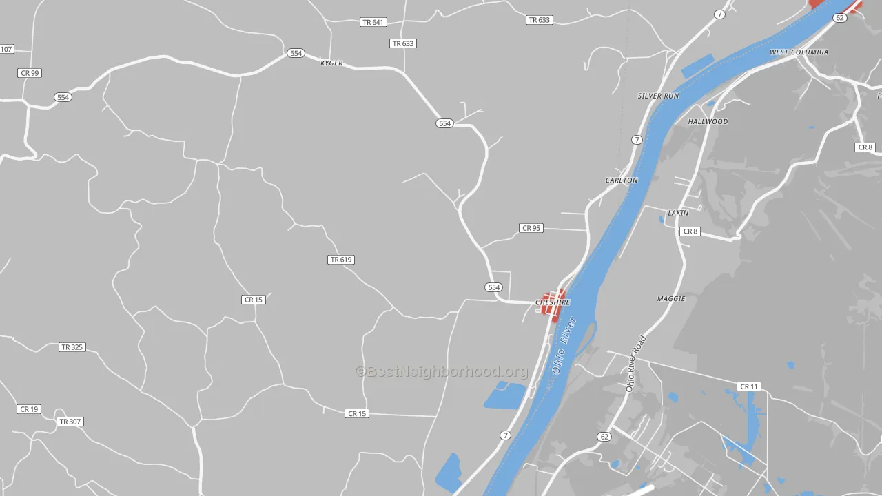 Walk Grade map of 45620, OH, walkable areas in green and car-dependent areas in red
