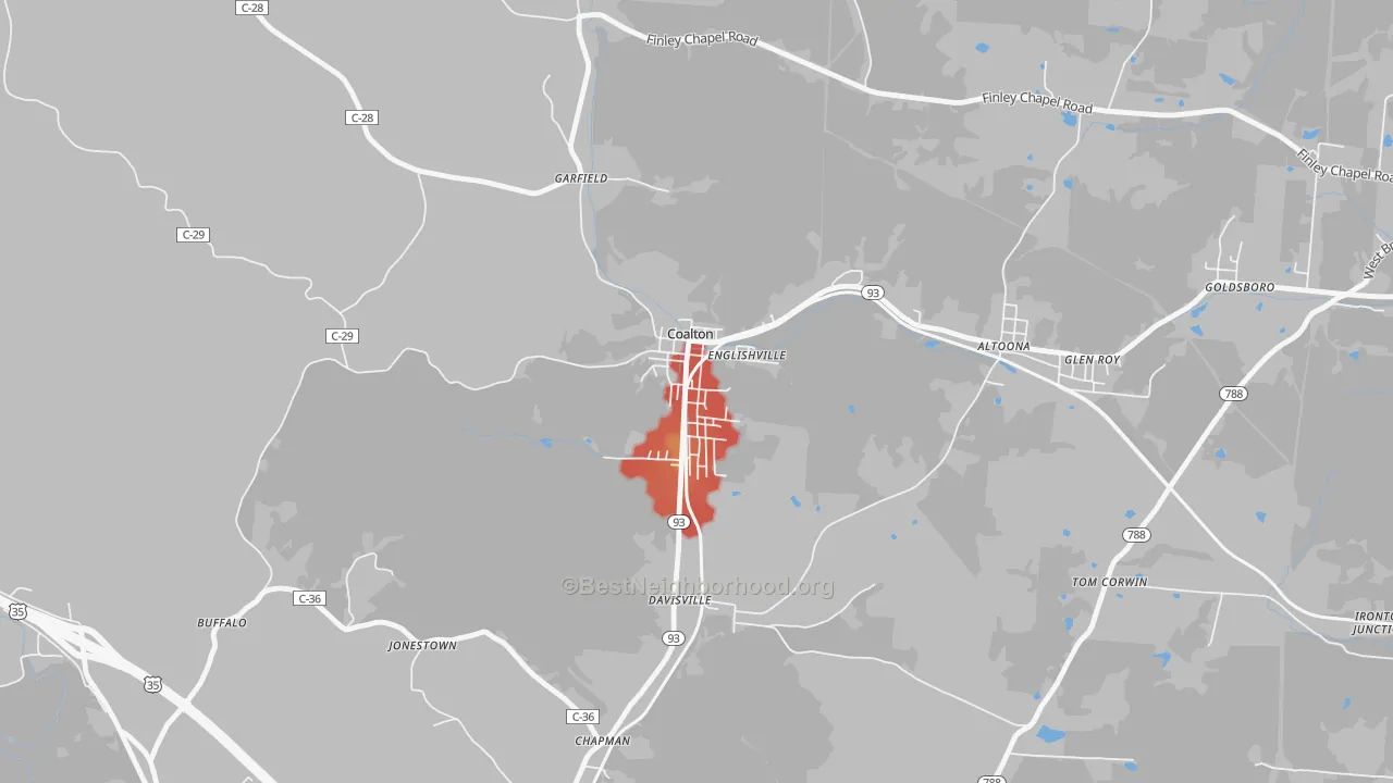 Walk Grade map of 45621, OH, walkable areas in green and car-dependent areas in red