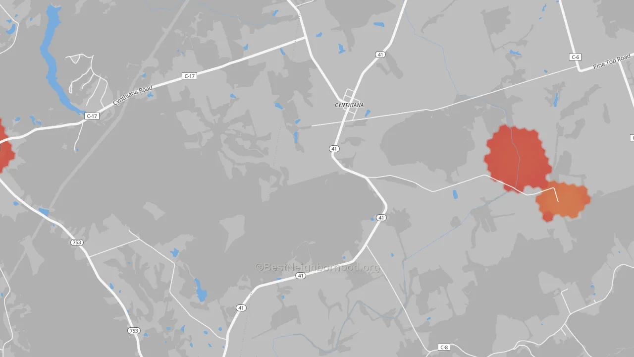 Walk Grade map of 45624, OH, walkable areas in green and car-dependent areas in red