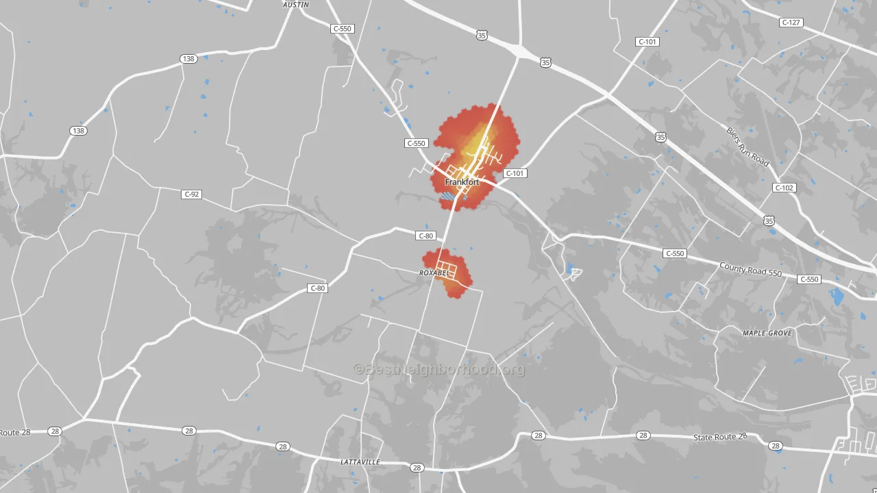 Walk Grade map of 45628, OH, walkable areas in green and car-dependent areas in red
