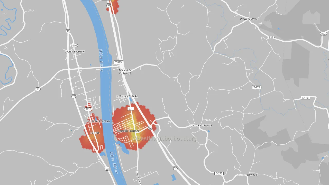 Walk Grade map of 45629, OH, walkable areas in green and car-dependent areas in red