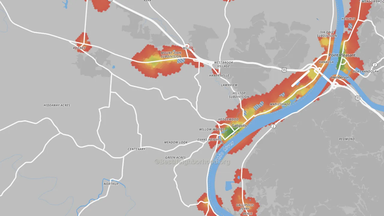 Walk Grade map of 45631, OH, walkable areas in green and car-dependent areas in red