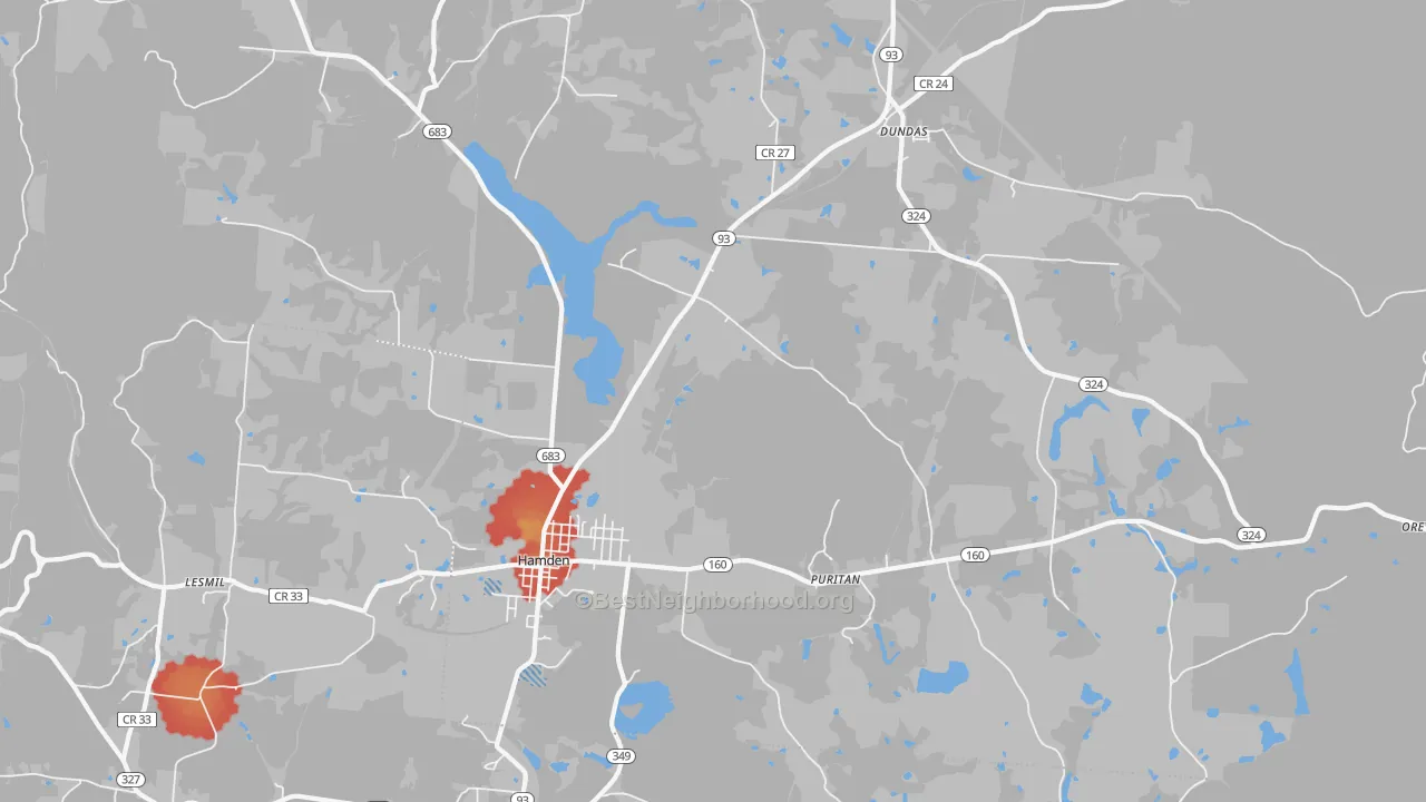 Walk Grade map of 45634, OH, walkable areas in green and car-dependent areas in red