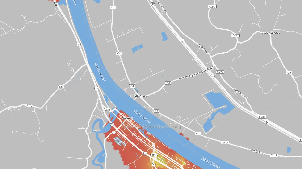 Walk Grade map of 45636, OH, walkable areas in green and car-dependent areas in red