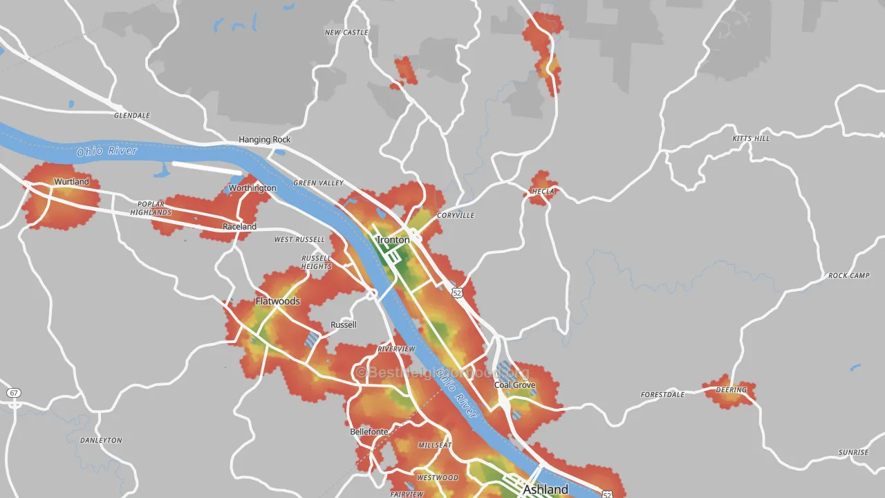 Walk Grade map of 45638, OH, walkable areas in green and car-dependent areas in red