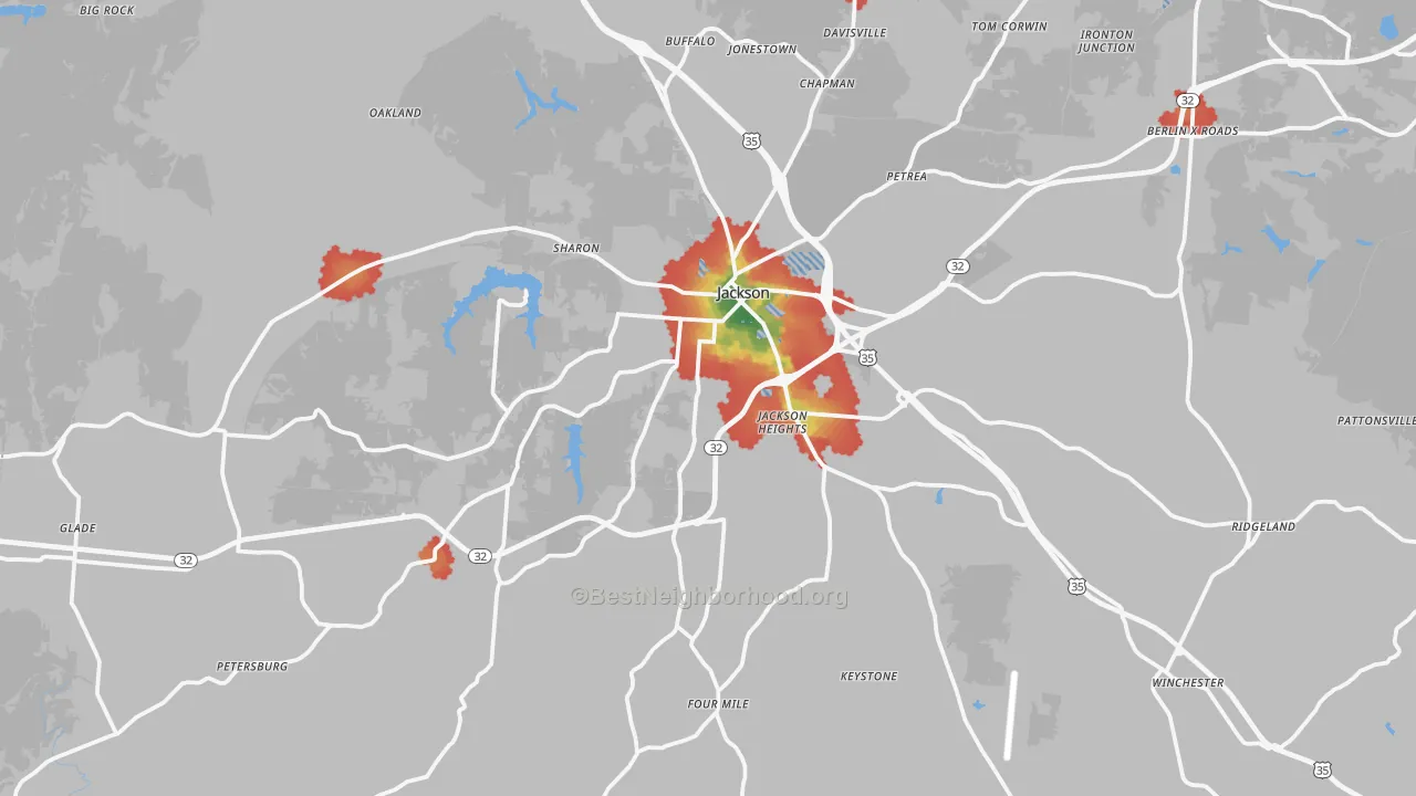 Walk Grade map of 45640, OH, walkable areas in green and car-dependent areas in red