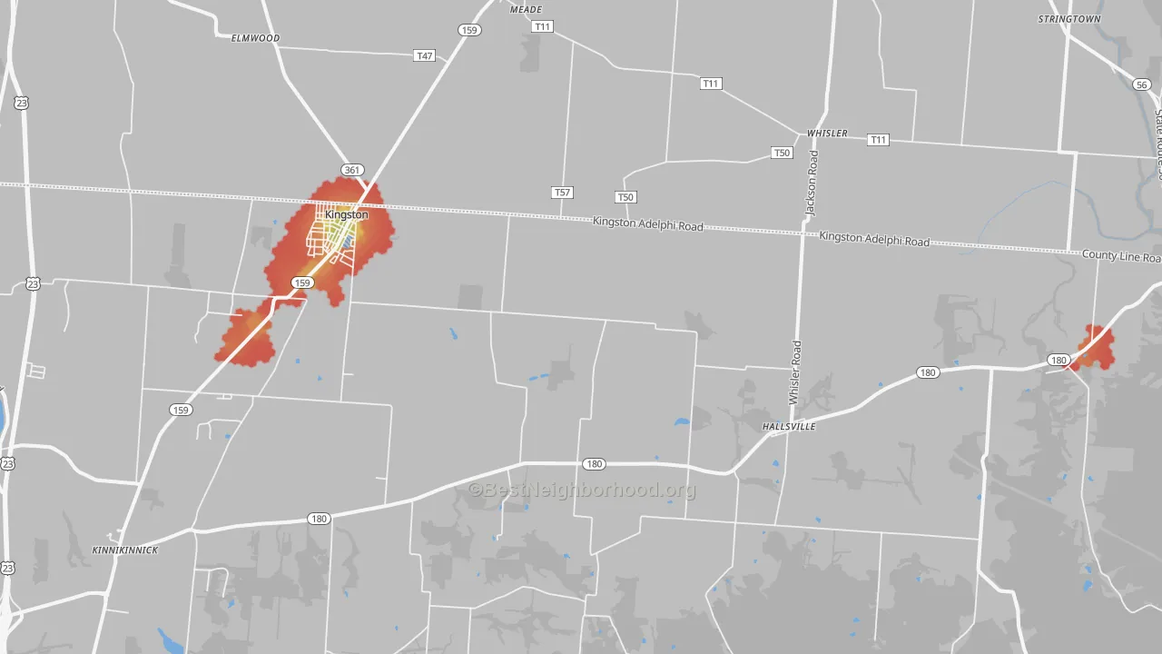 Walk Grade map of 45644, OH, walkable areas in green and car-dependent areas in red