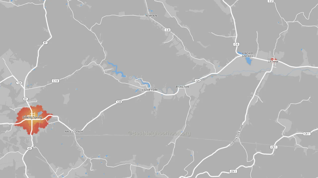 Walk Grade map of 45646, OH, walkable areas in green and car-dependent areas in red