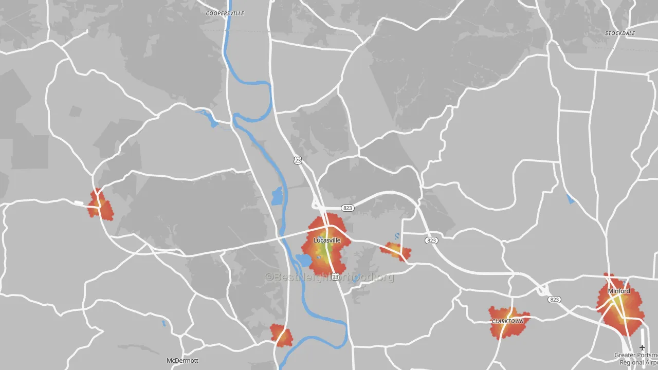Walk Grade map of 45648, OH, walkable areas in green and car-dependent areas in red
