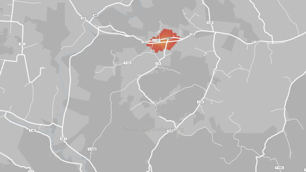 Walk Grade map of 45650, OH, walkable areas in green and car-dependent areas in red