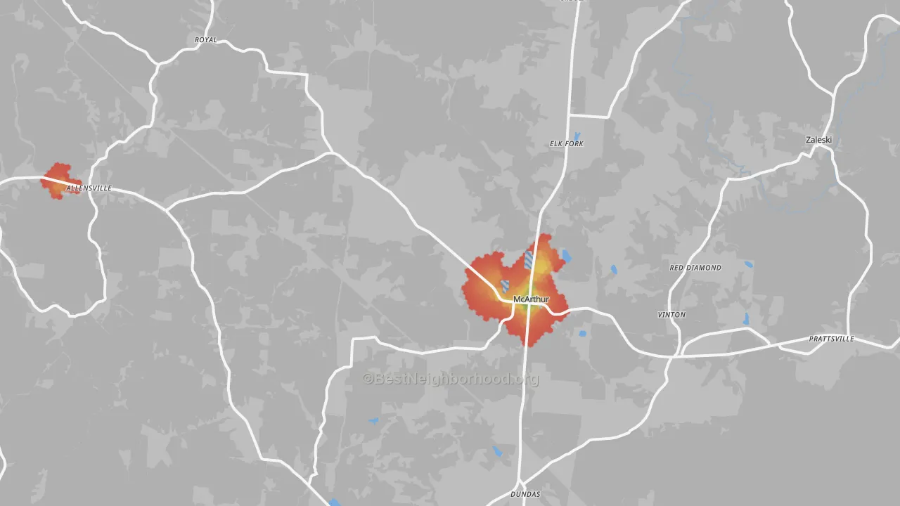 Walk Grade map of 45651, OH, walkable areas in green and car-dependent areas in red