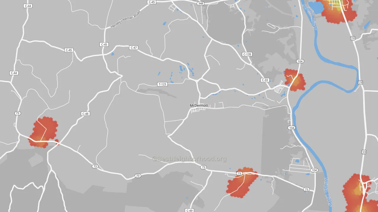 Walk Grade map of 45652, OH, walkable areas in green and car-dependent areas in red