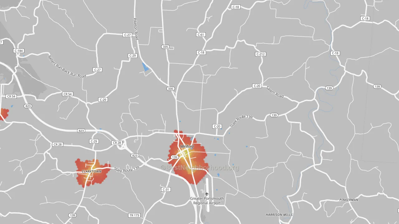 Walk Grade map of 45653, OH, walkable areas in green and car-dependent areas in red