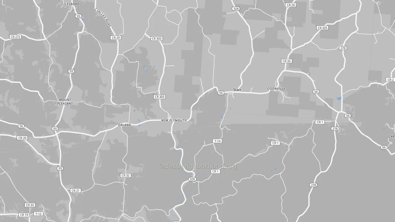 Walk Grade map of 45654, OH, walkable areas in green and car-dependent areas in red