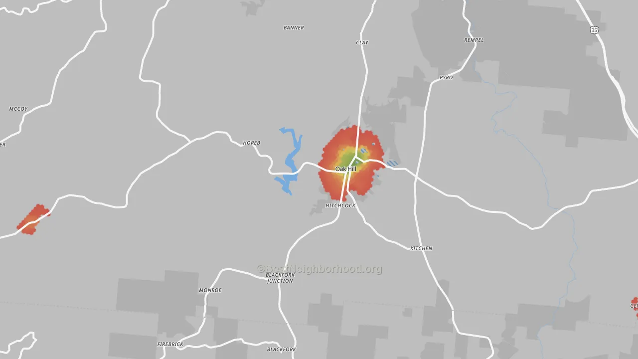 Walk Grade map of 45656, OH, walkable areas in green and car-dependent areas in red