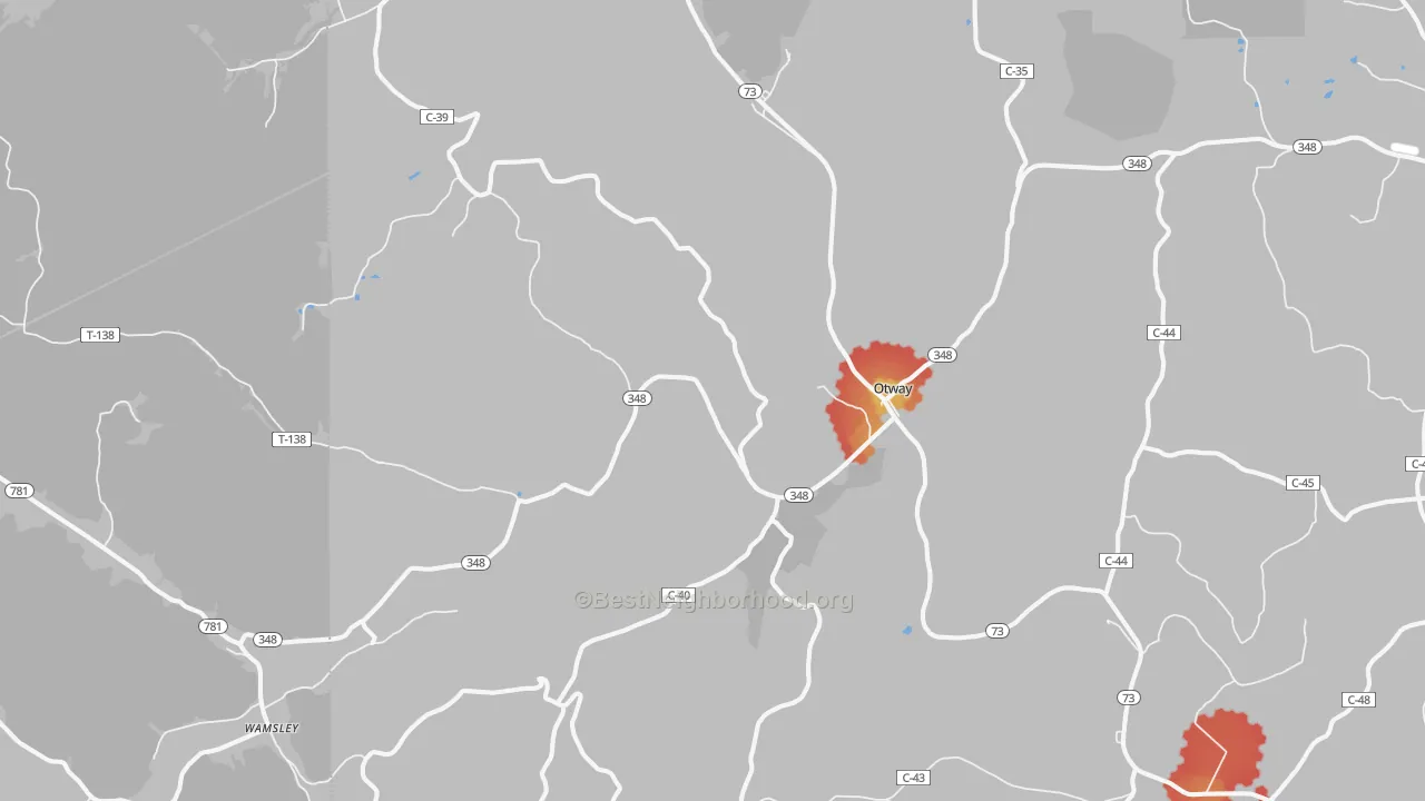 Walk Grade map of 45657, OH, walkable areas in green and car-dependent areas in red