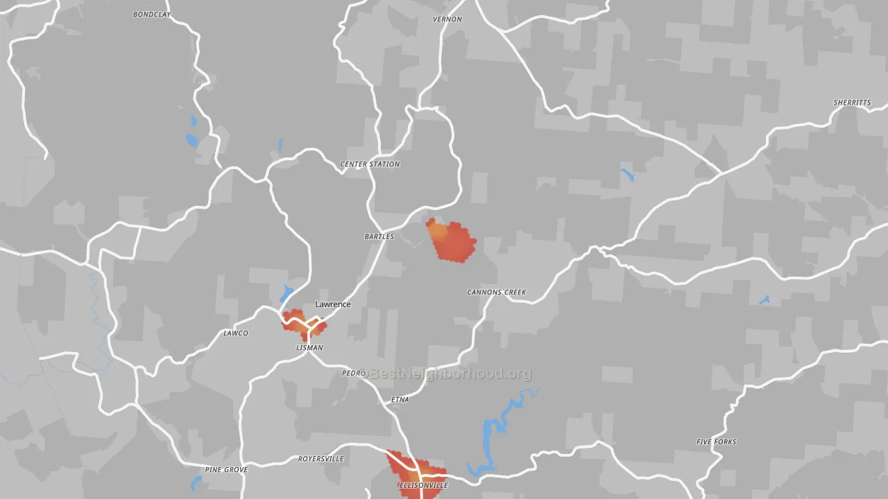 Walk Grade map of 45659, OH, walkable areas in green and car-dependent areas in red