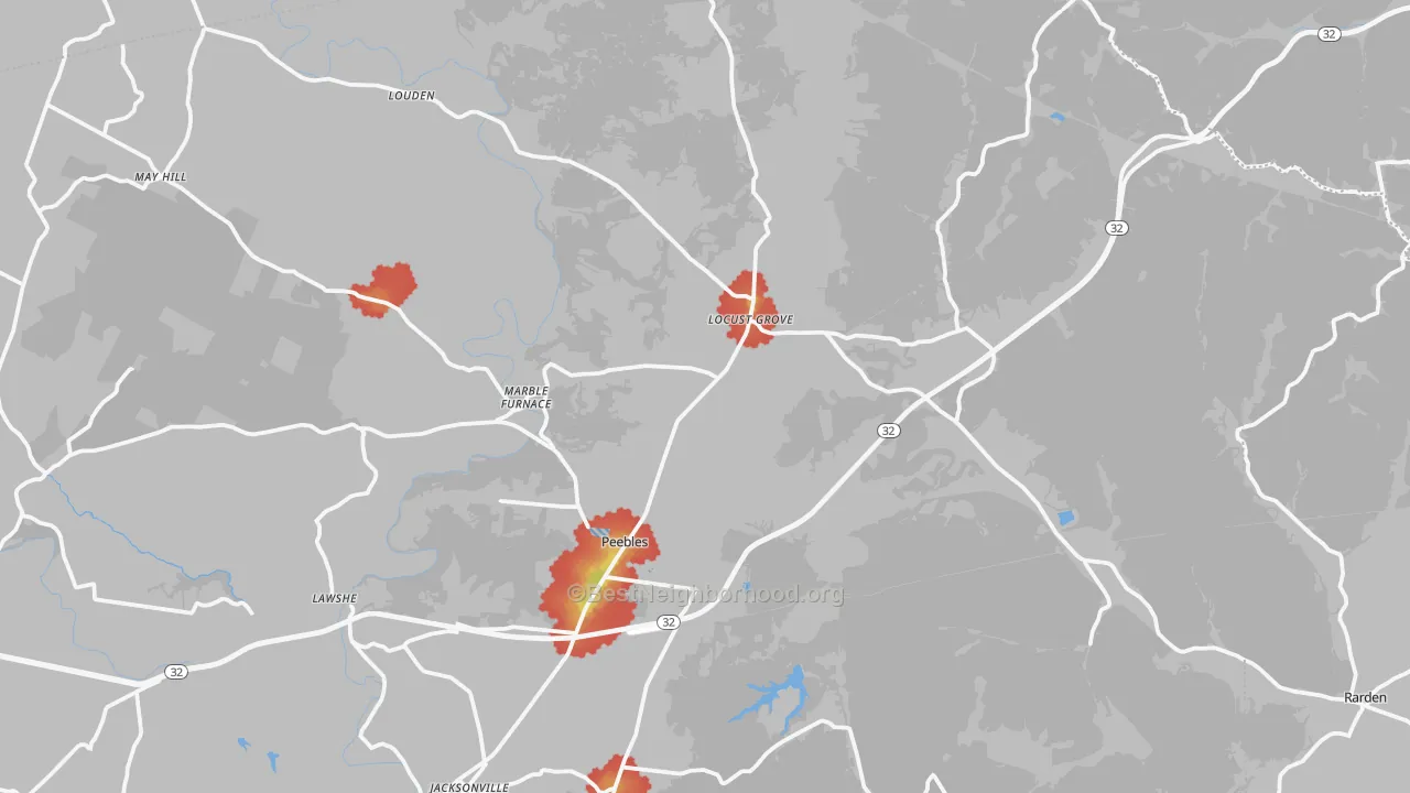 Walk Grade map of 45660, OH, walkable areas in green and car-dependent areas in red
