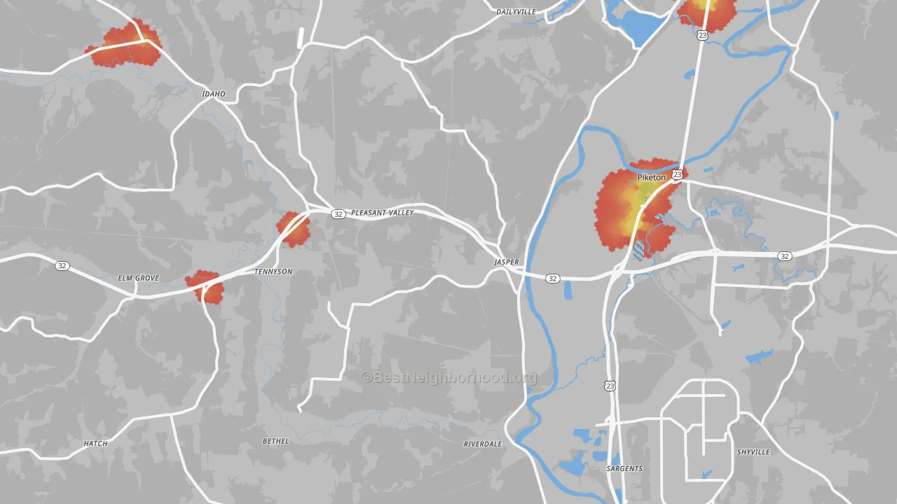 Walk Grade map of 45661, OH, walkable areas in green and car-dependent areas in red