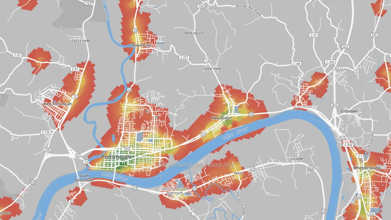 Walk Grade map of 45662, OH, walkable areas in green and car-dependent areas in red
