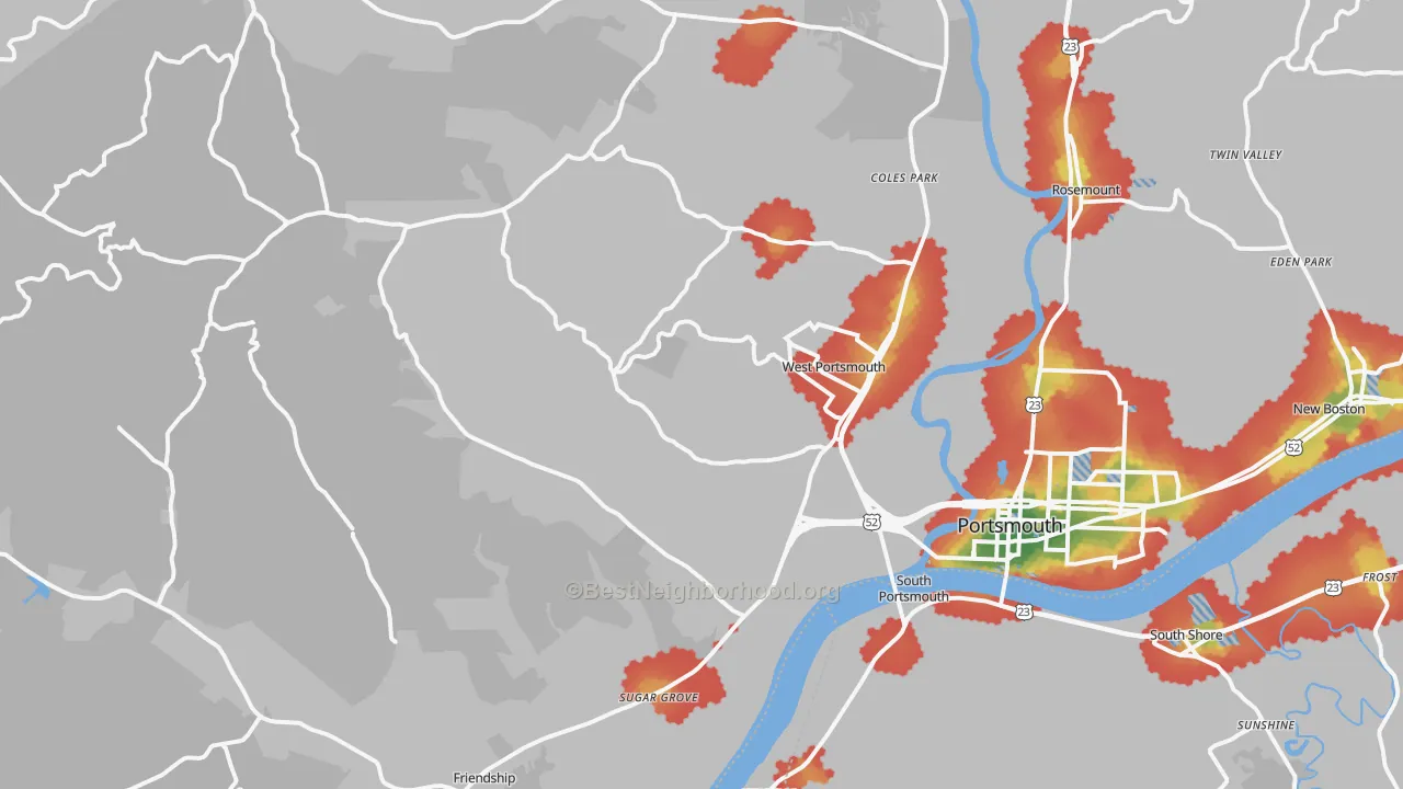 Walk Grade map of 45663, OH, walkable areas in green and car-dependent areas in red