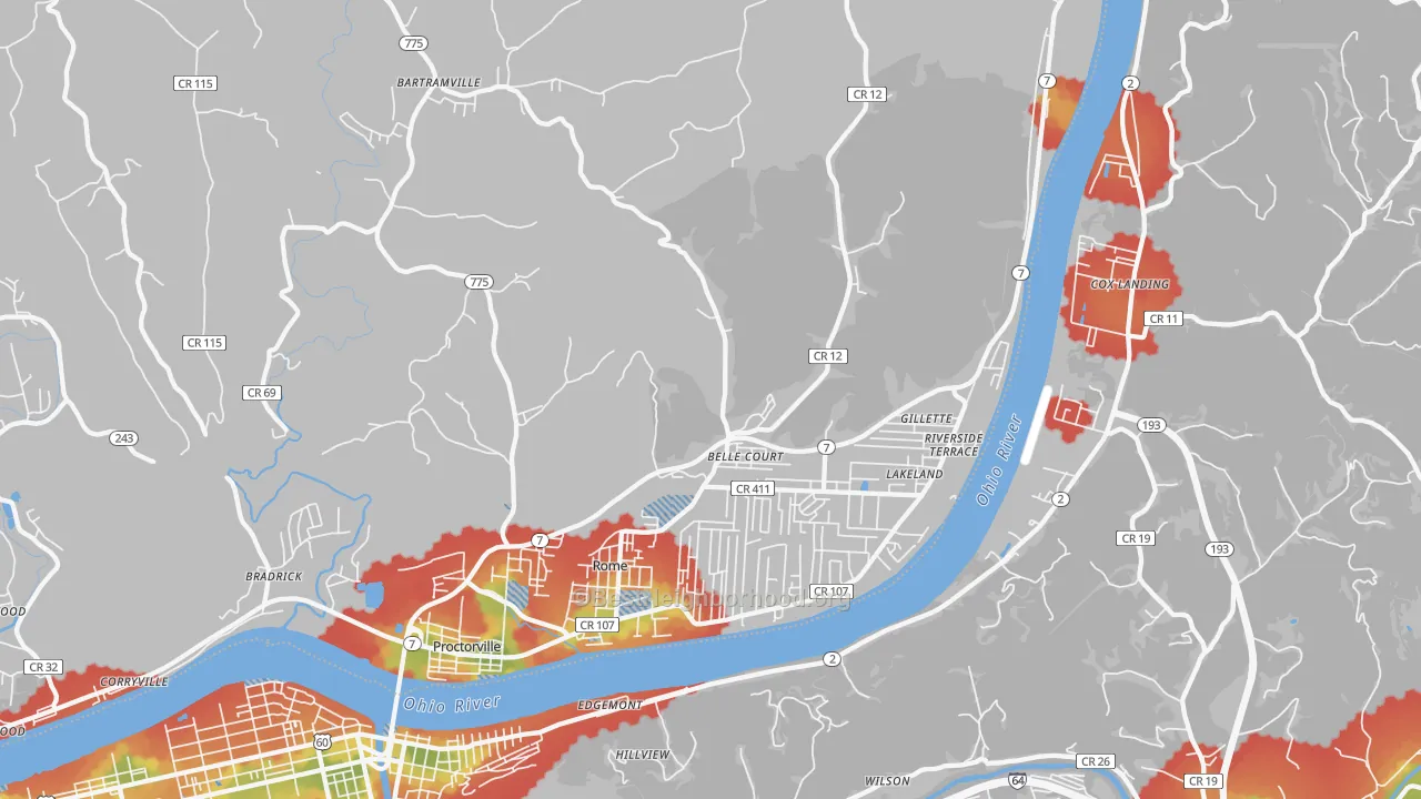 Walk Grade map of 45669, OH, walkable areas in green and car-dependent areas in red