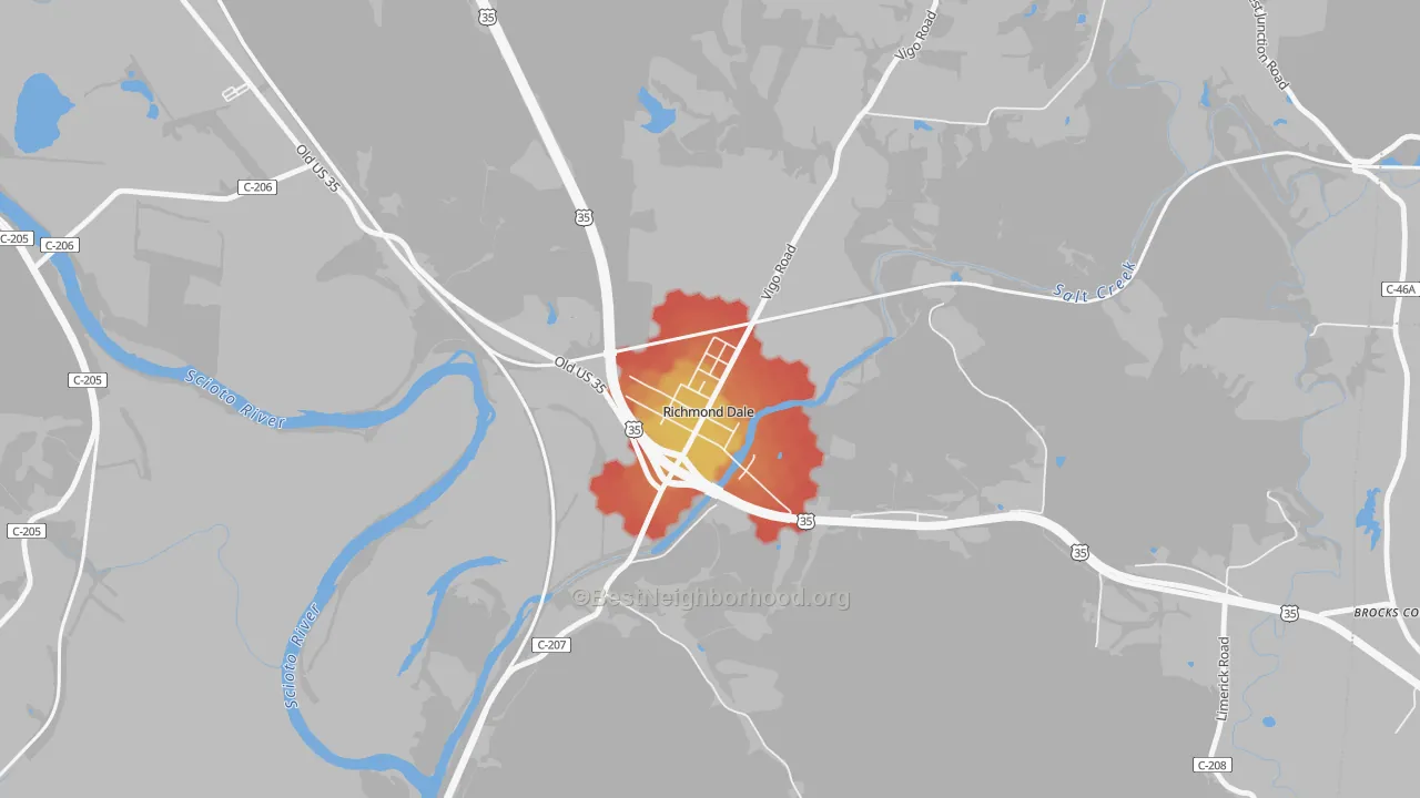 Walk Grade map of 45673, OH, walkable areas in green and car-dependent areas in red