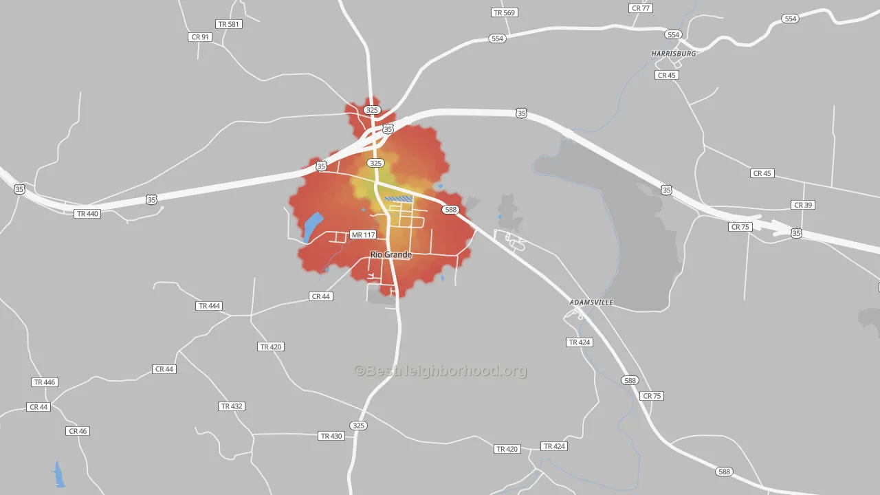 Walk Grade map of 45674, OH, walkable areas in green and car-dependent areas in red