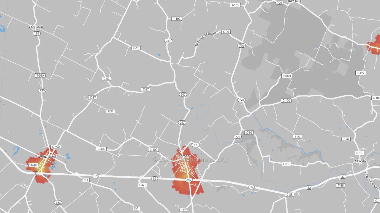 Walk Grade map of 45679, OH, walkable areas in green and car-dependent areas in red