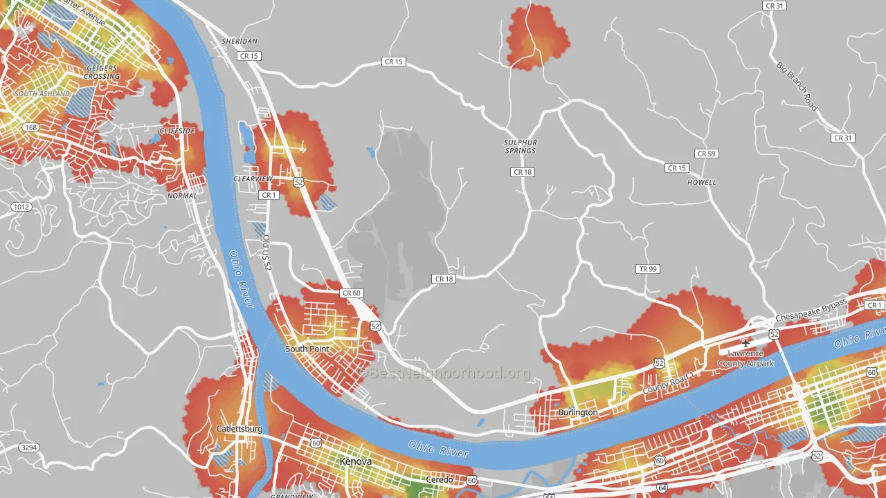 Walk Grade map of 45680, OH, walkable areas in green and car-dependent areas in red