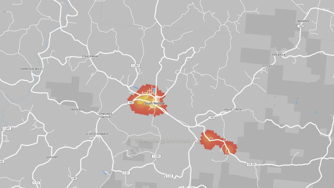 Walk Grade map of 45682, OH, walkable areas in green and car-dependent areas in red