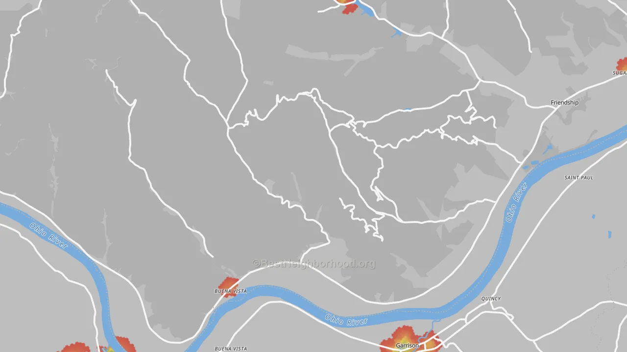 Walk Grade map of 45684, OH, walkable areas in green and car-dependent areas in red