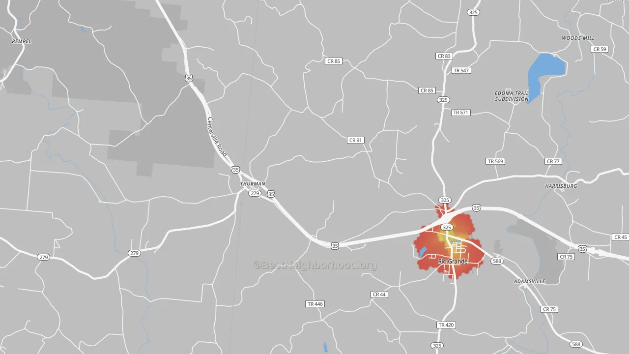 Walk Grade map of 45685, OH, walkable areas in green and car-dependent areas in red