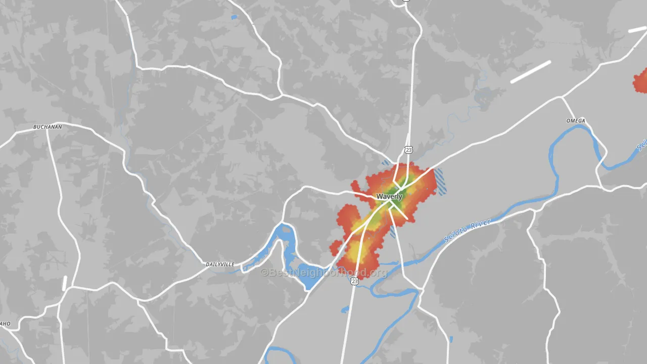 Walk Grade map of 45690, OH, walkable areas in green and car-dependent areas in red