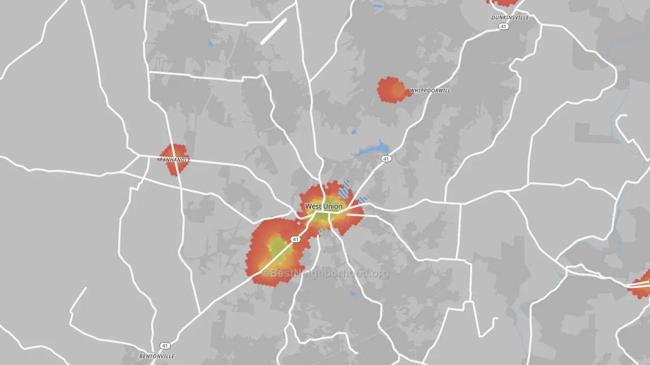 Walk Grade map of 45693, OH, walkable areas in green and car-dependent areas in red