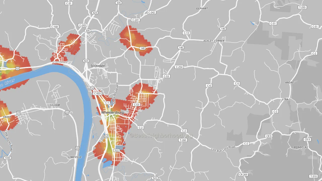 Walk Grade map of 45694, OH, walkable areas in green and car-dependent areas in red